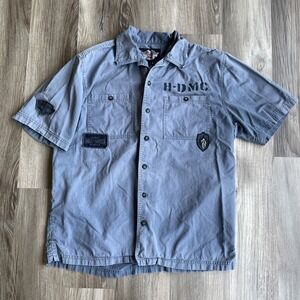 Harley Davidson Shirt Short Sleeve Mechanic Skull Sz M Blue Gray Patches‎ Biker
